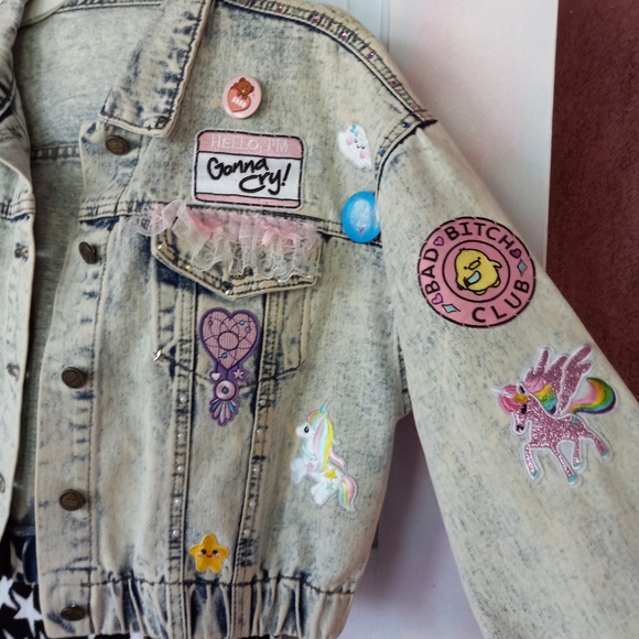 SOLD Kawaii pastel goth cropped acid washed ooak jacket! SHE READY! - Picture 5 of 13